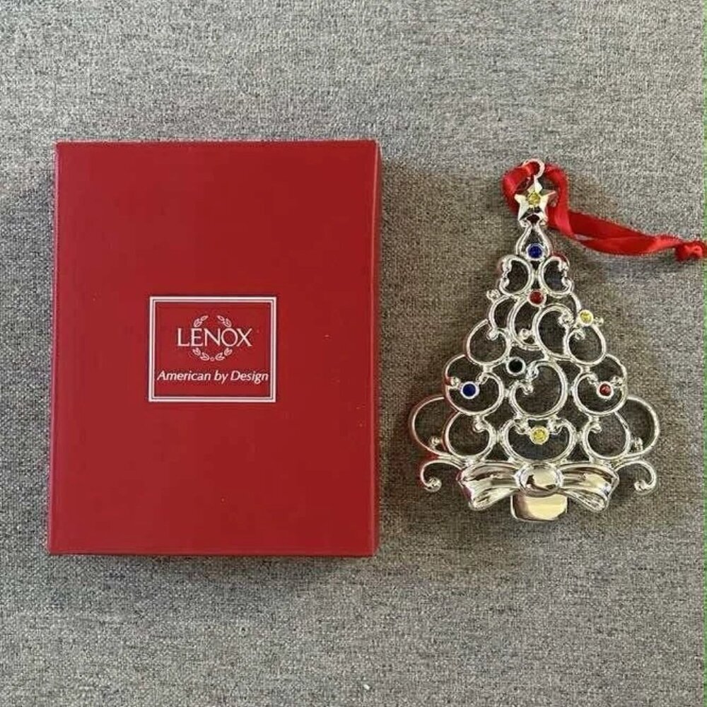 NOS Lenox Silverplate Sparkle & Scroll Multi-Crystal Tree Ornament - Picture 1 of 4